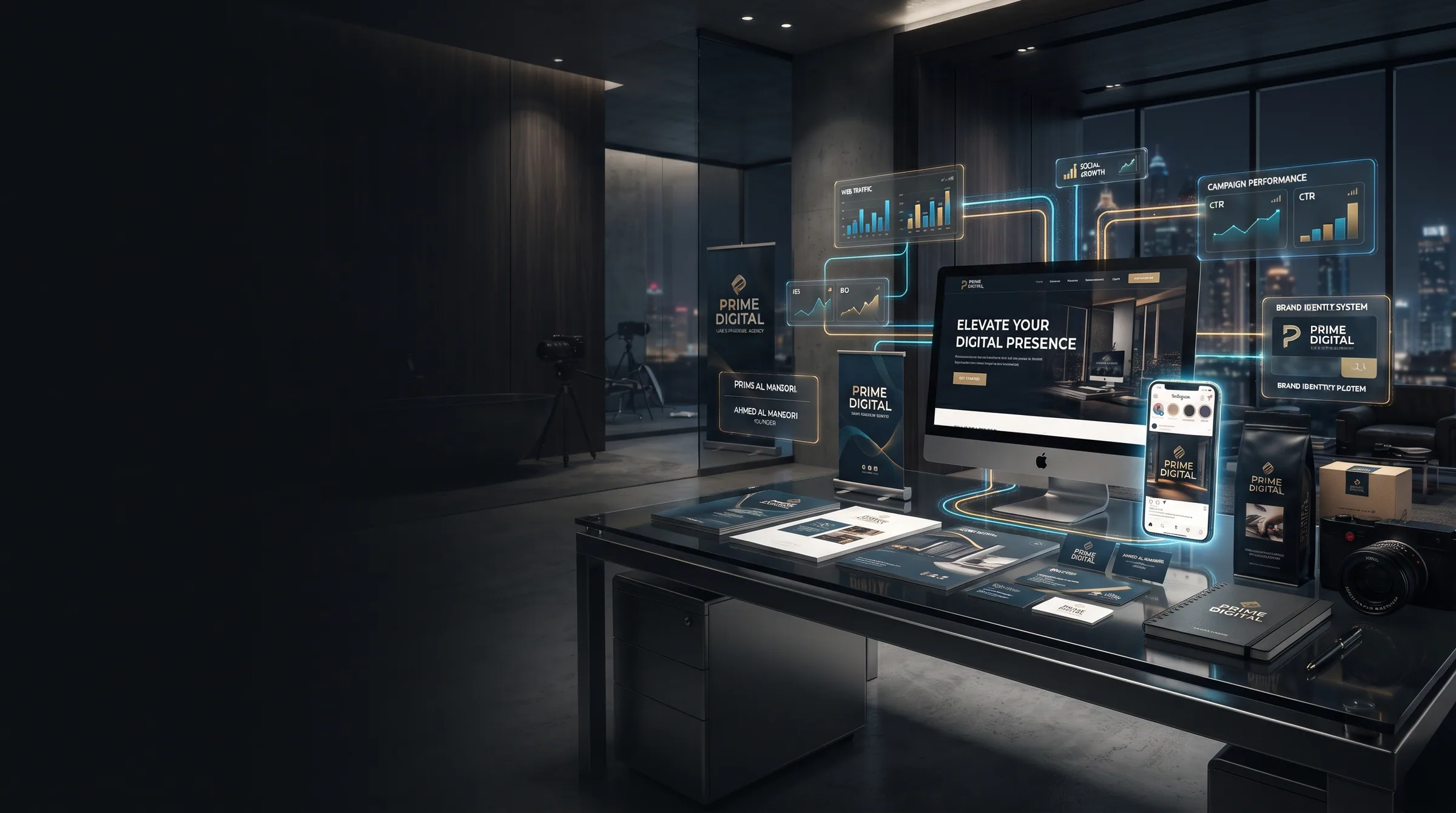 Digital agency workspace with layered interface projections.