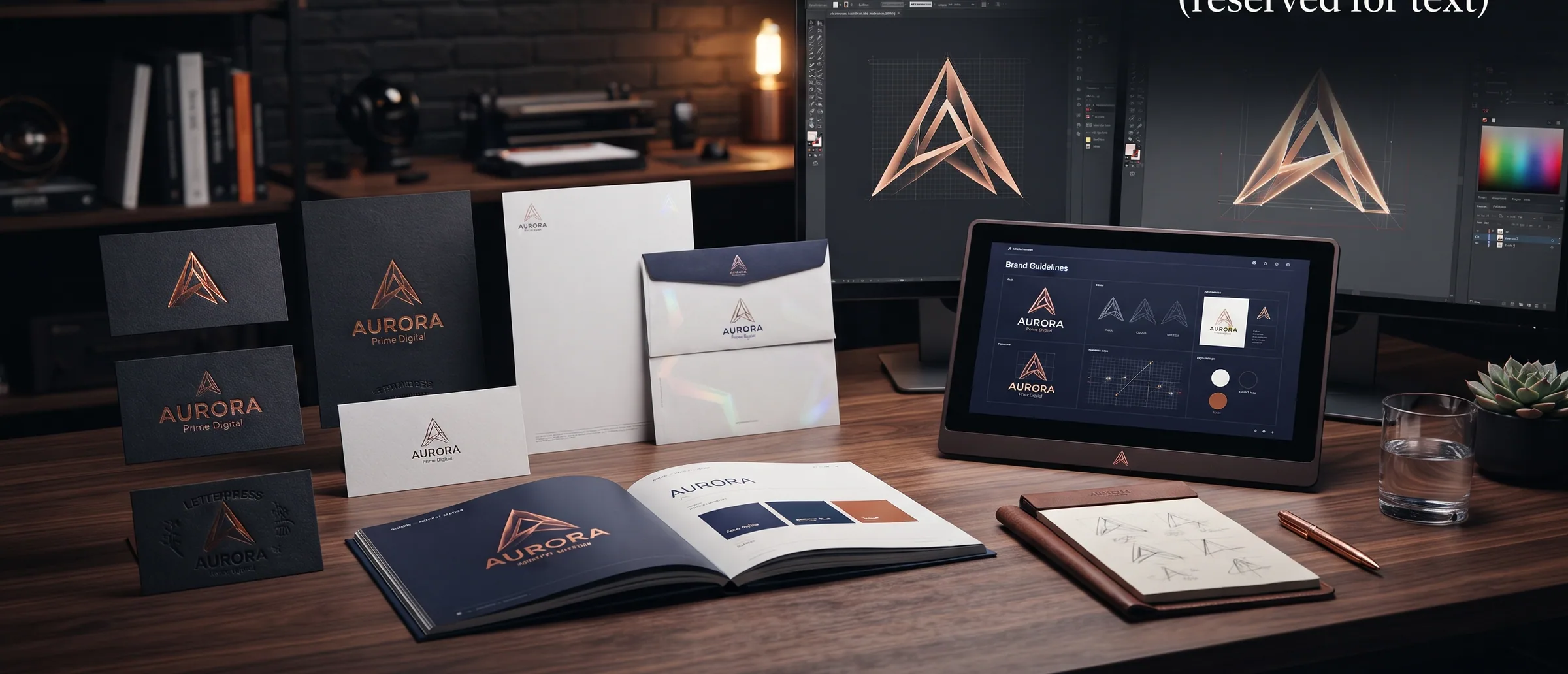 Printed brand identity system laid out on a studio desk — letterpress business cards, letterhead, envelope, brand guidelines and a tablet showing the digital style guide.