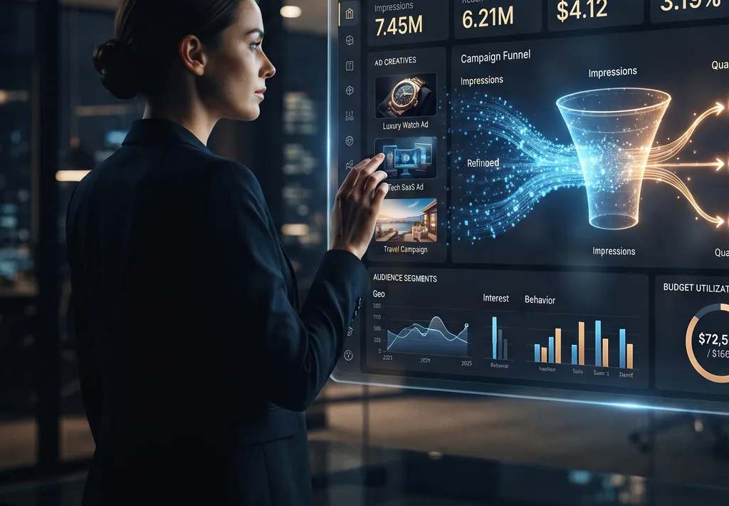 Strategist working at a large campaign dashboard, with an audience funnel visualised on screen.