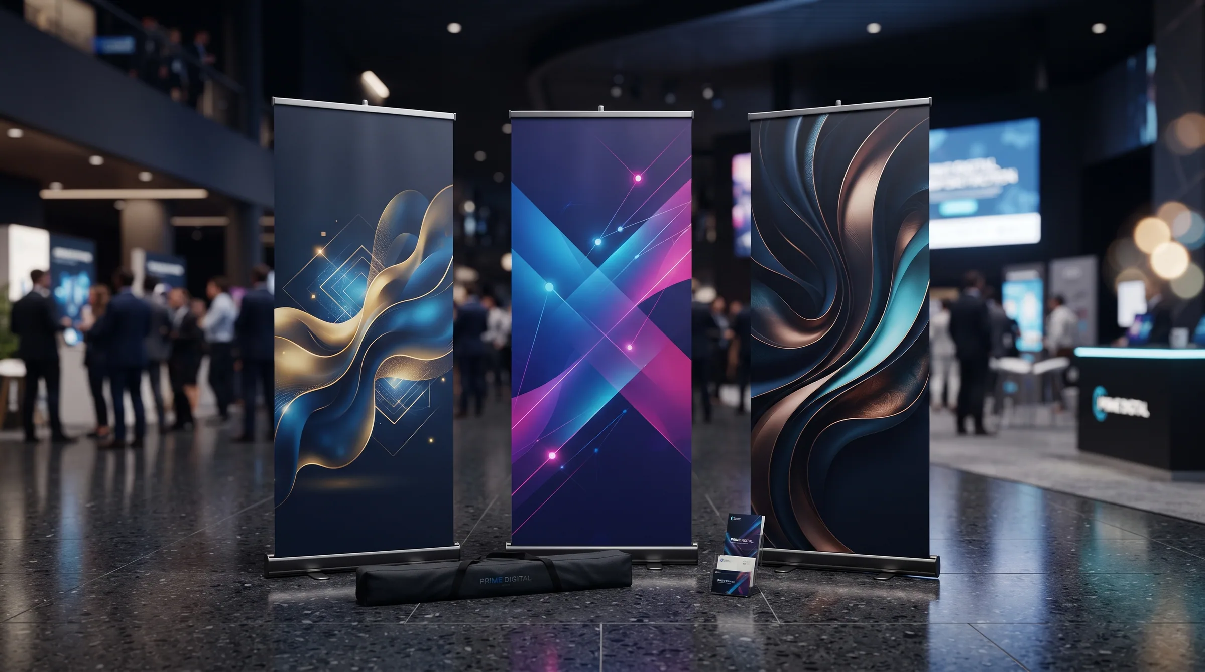 Three roll-up banners standing at an exhibition, with a carry case and literature stand.