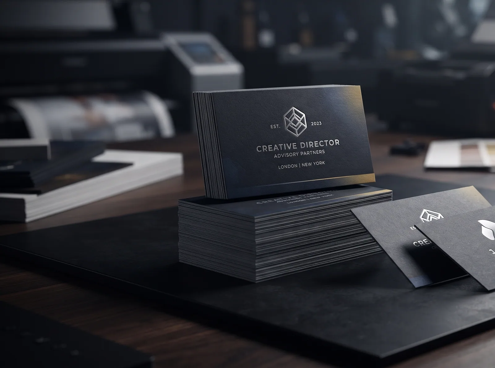 Stack of dark letterpress business cards with foil detail on a print-studio bench.