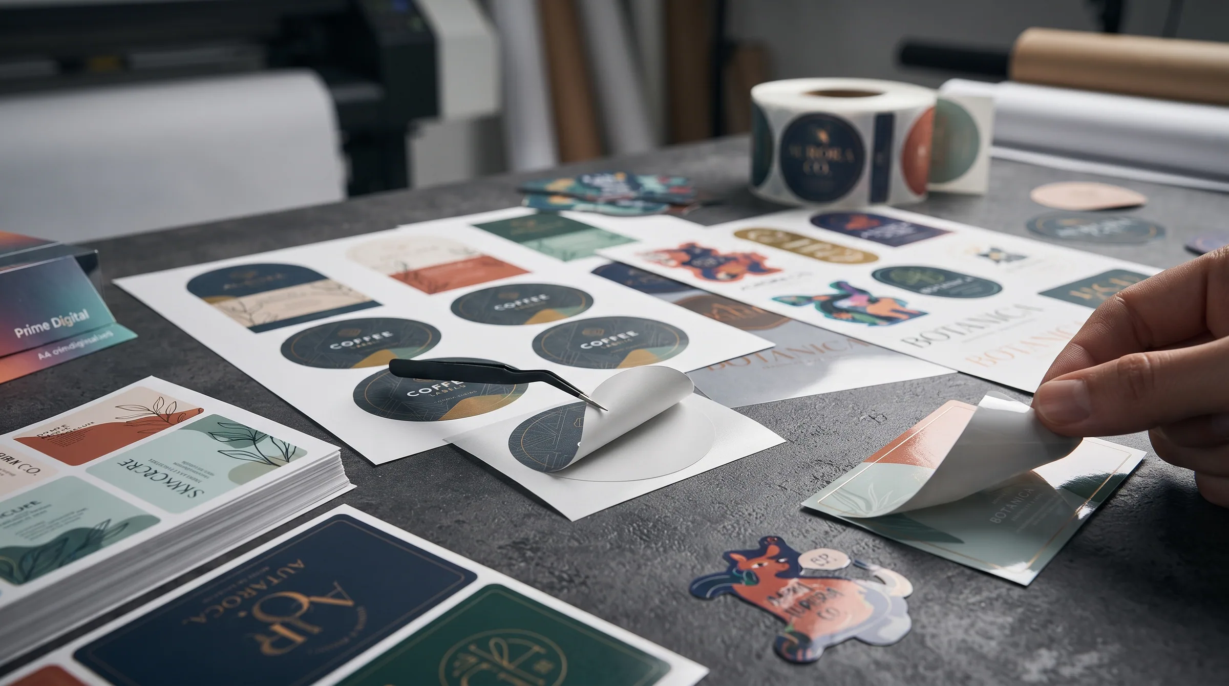 Die-cut vinyl stickers being peeled from a backing sheet.