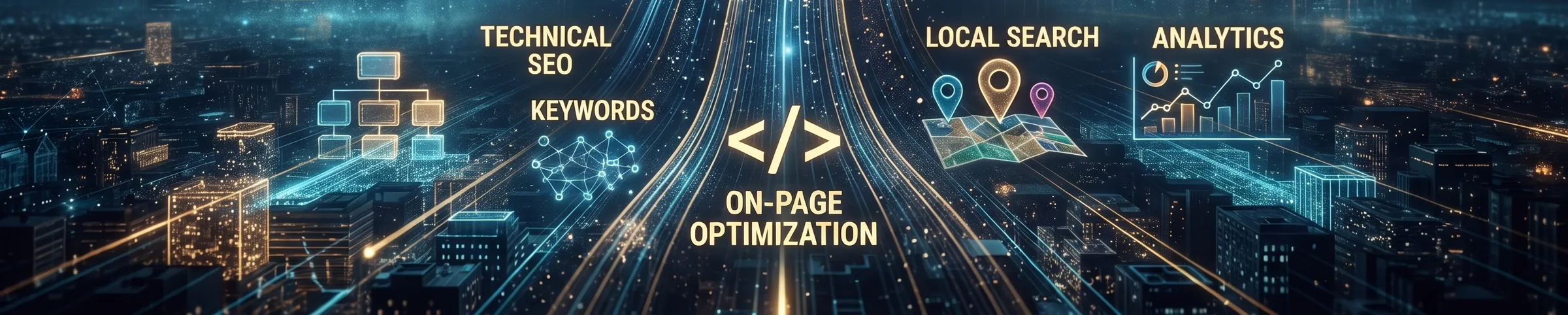 Technical SEO, keywords, local search and analytics represented as light trails running through a city at night.
