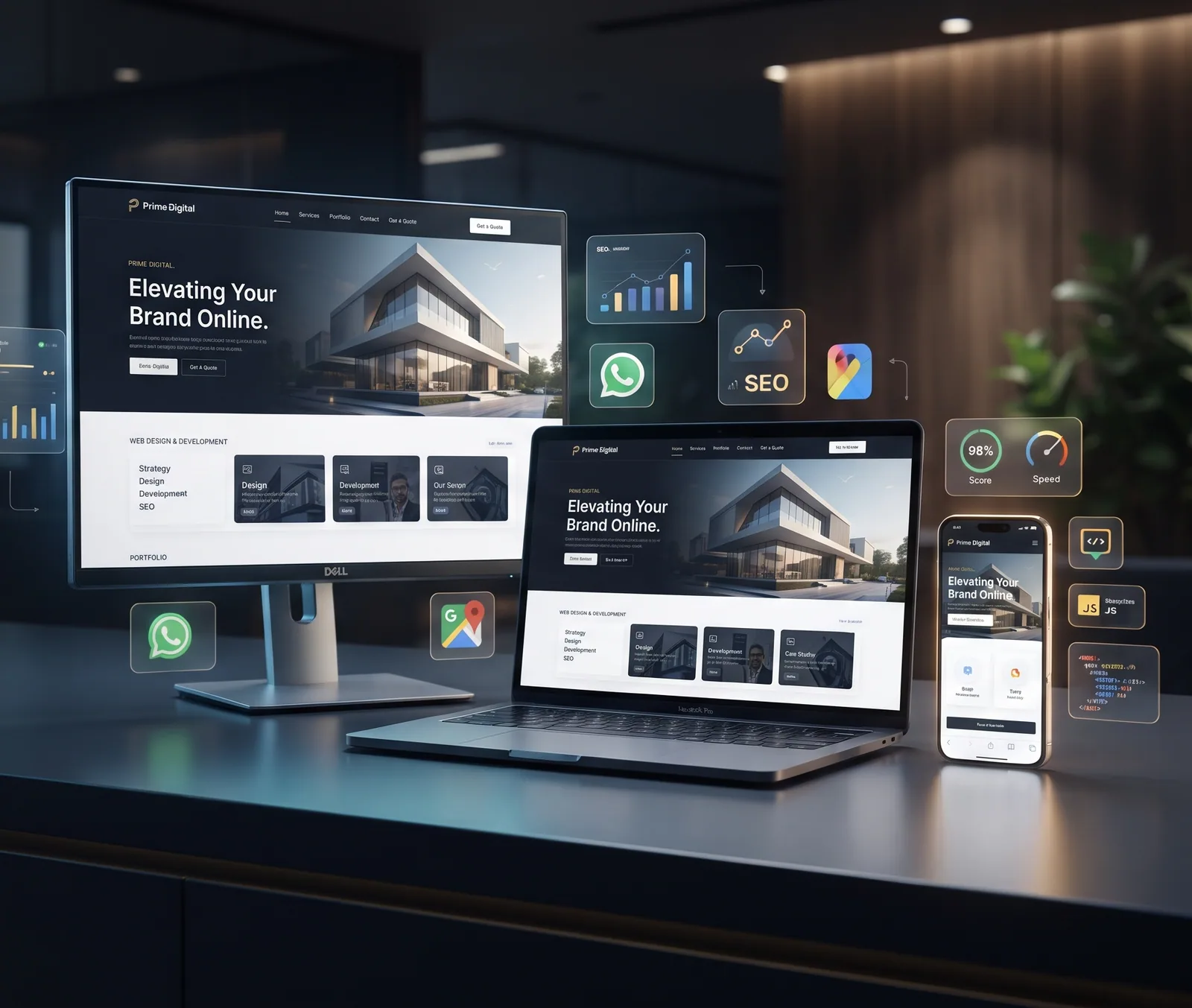 A business website shown on a desktop monitor, laptop and phone, with performance and SEO panels floating alongside.